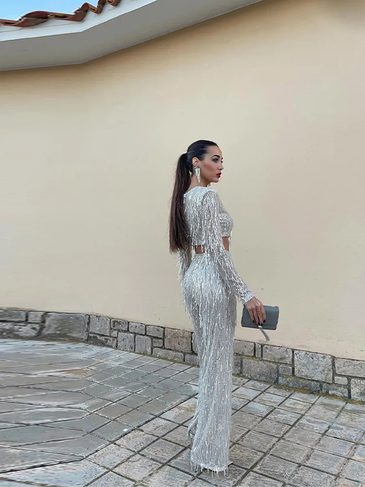 Women's Sequin Party Set – Cropped Top & High Waist Pants Set