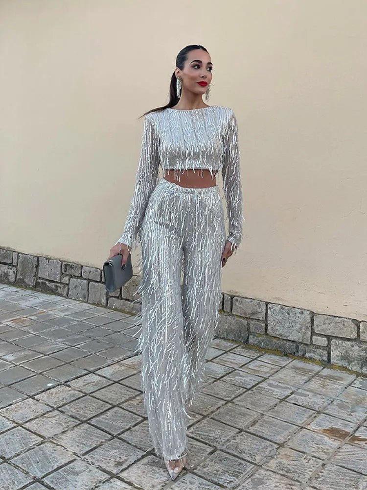 Women's Sequin Party Set – Cropped Top & High Waist Pants Set