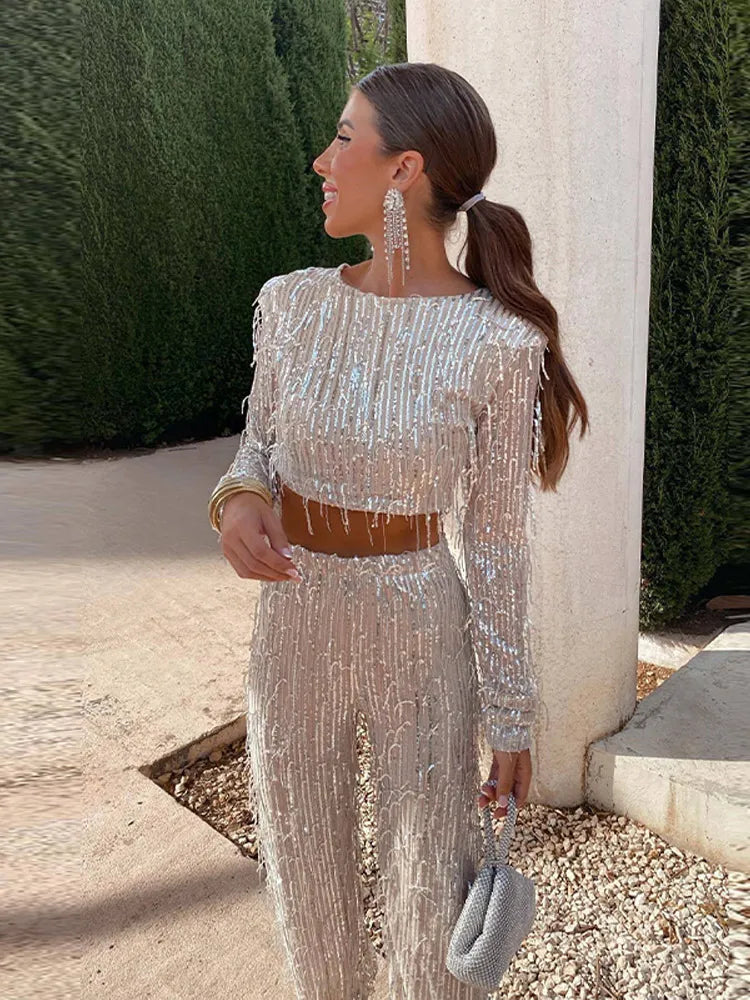 Women's Sequin Party Set – Cropped Top & High Waist Pants Set