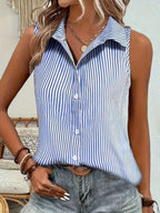 Women's Striped Sleeveless Blouse – Collared Button Front Blouse