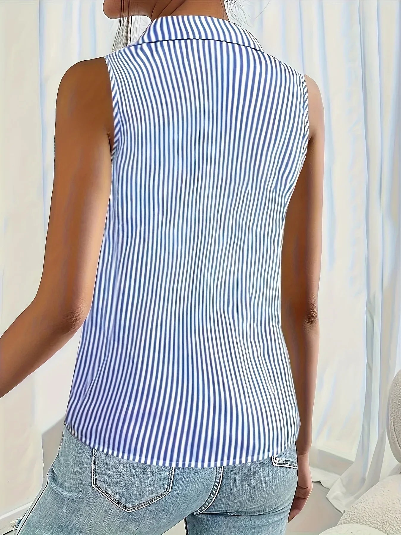 Women's Striped Sleeveless Blouse – Collared Button Front Blouse