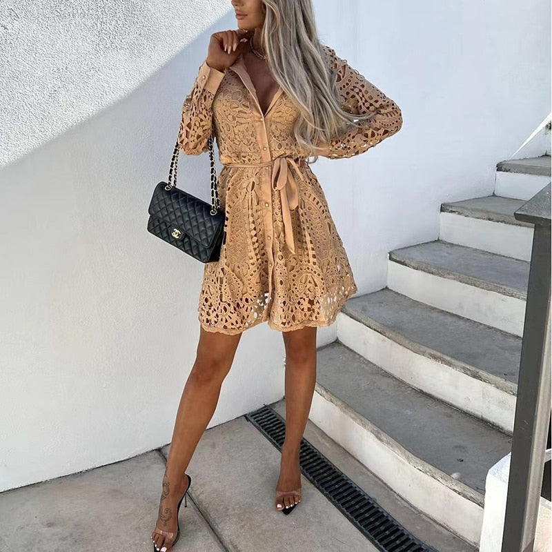 Women's Long Sleeve Belted Shirt Dress – Romantic Occasion Dress