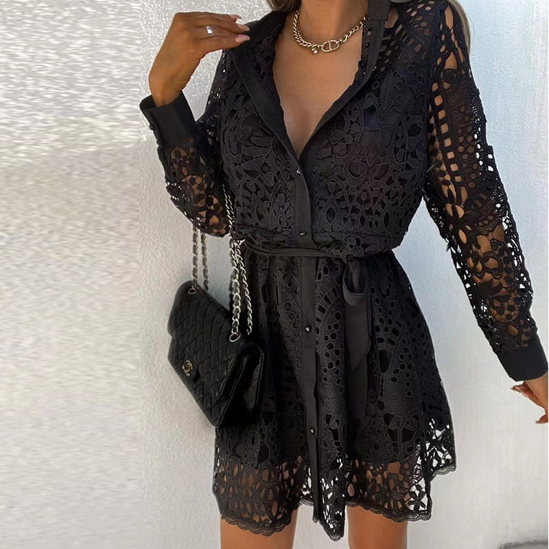 Women's Long Sleeve Belted Shirt Dress – Romantic Occasion Dress