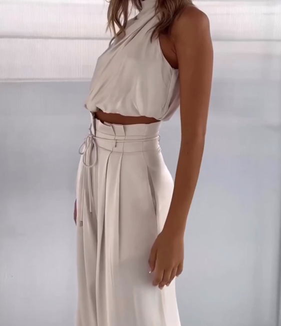 Women's Satin Two-Piece Set – Halter Pants Set