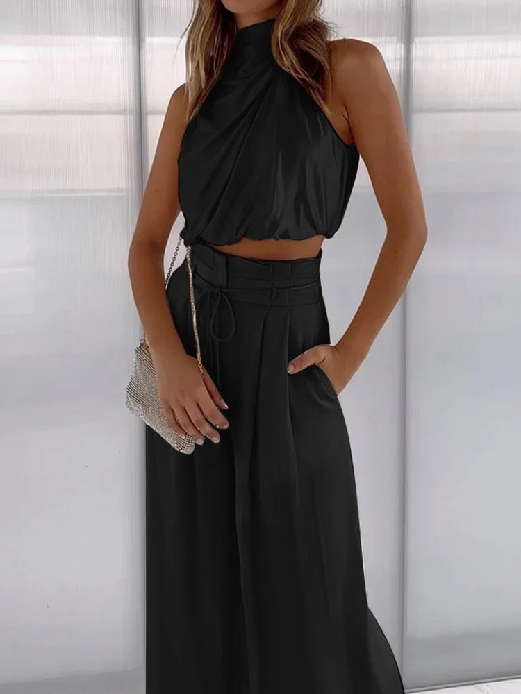Women's Satin Two-Piece Set – Halter Pants Set
