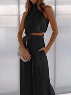 Women's Satin Two-Piece Set – Halter Pants Set