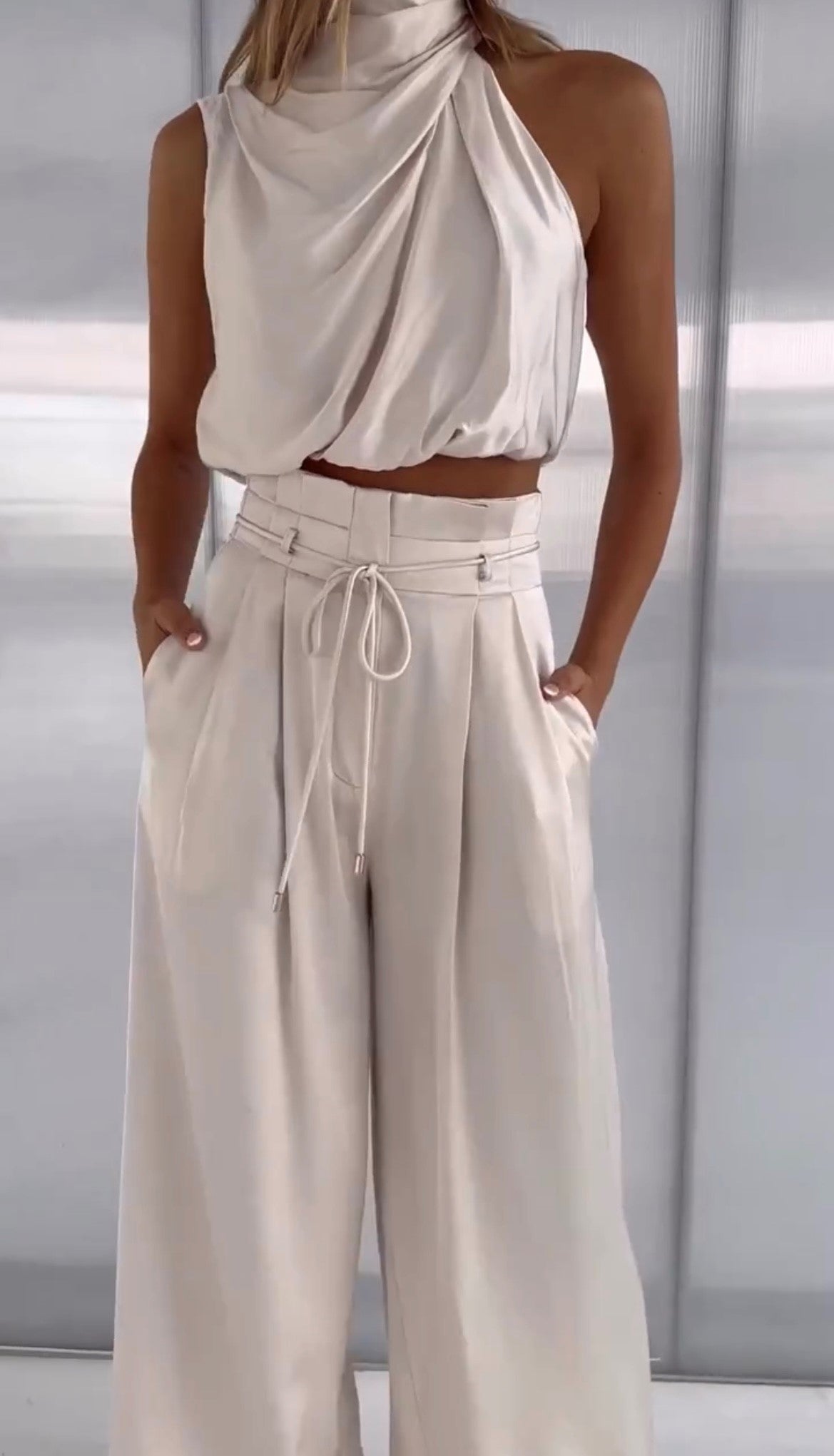 Women's Satin Two-Piece Set – Halter Pants Set