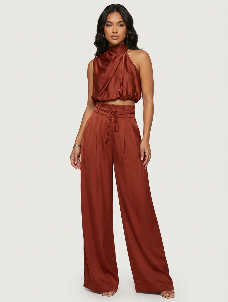 Women's Satin Two-Piece Set – Halter Pants Set