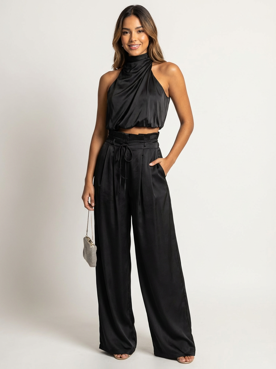 Women's Satin Two-Piece Set – Halter Pants Set