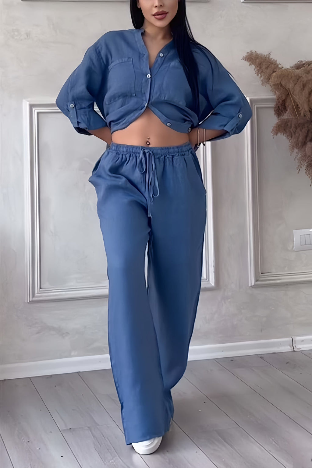 Women's Long Sleeve Blouse Set – Relaxed Top & Wide Leg Trousers