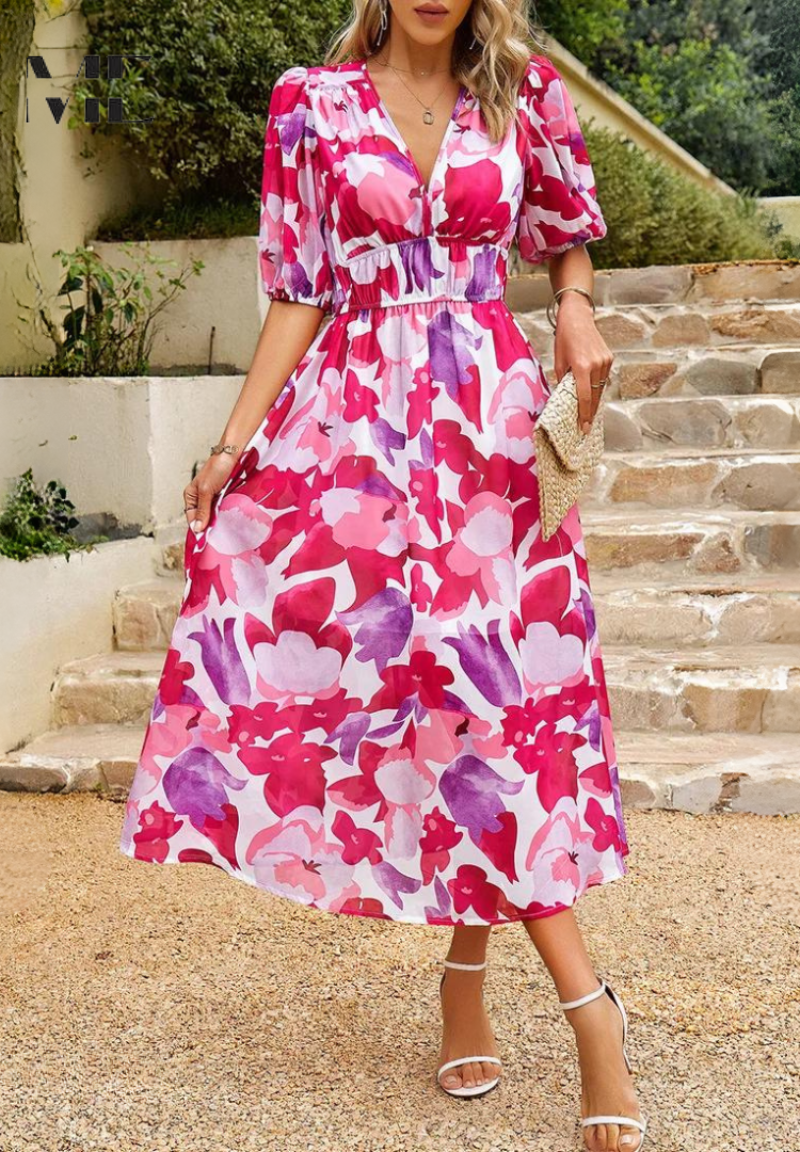 Women's Floral Midi Dress – Elegant Occasion Dress – Olivia