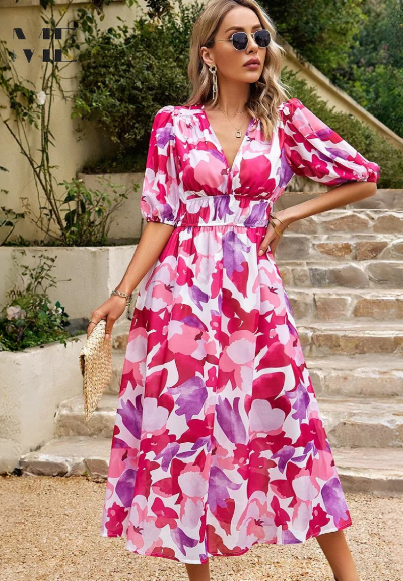 Women's Floral Midi Dress – Elegant Occasion Dress – Olivia