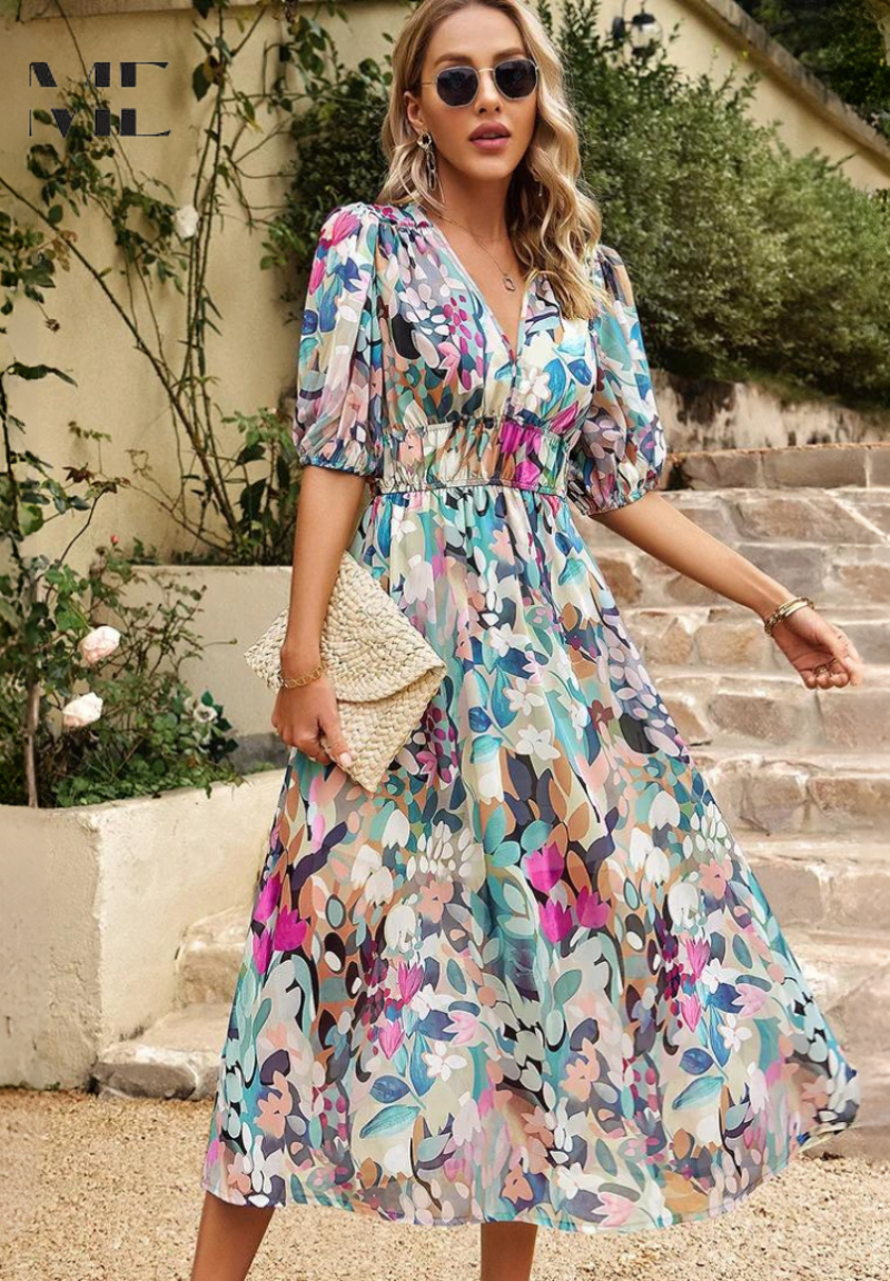 Women's Floral Midi Dress – Elegant Occasion Dress – Olivia