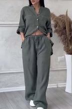 Women's Long Sleeve Blouse Set – Relaxed Top & Wide Leg Trousers