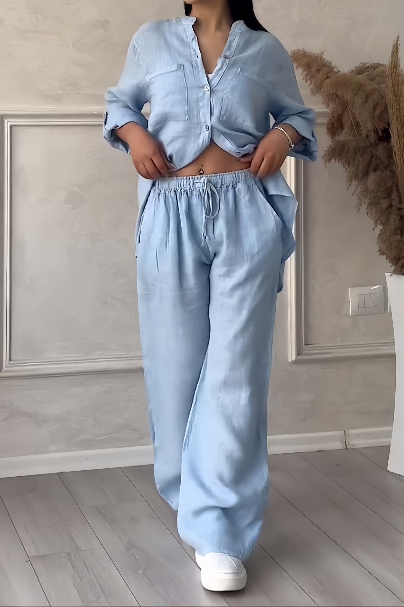 Women's Long Sleeve Blouse Set – Relaxed Top & Wide Leg Trousers