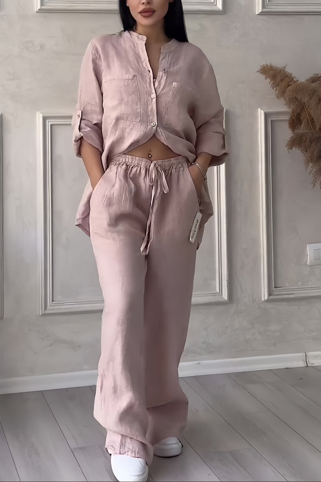 Women's Long Sleeve Blouse Set – Relaxed Top & Wide Leg Trousers