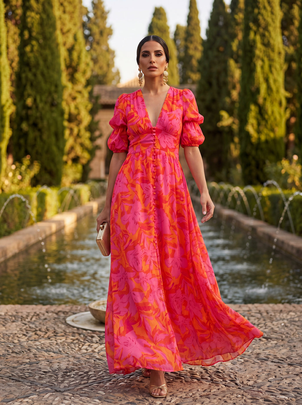Women's V-Neck Maxi Dress – Cinched Waist Flowy Occasion Dress