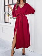 Women's Deep V-Neck Maxi Dress – Tie Waist Side Slit Occasion Dress
