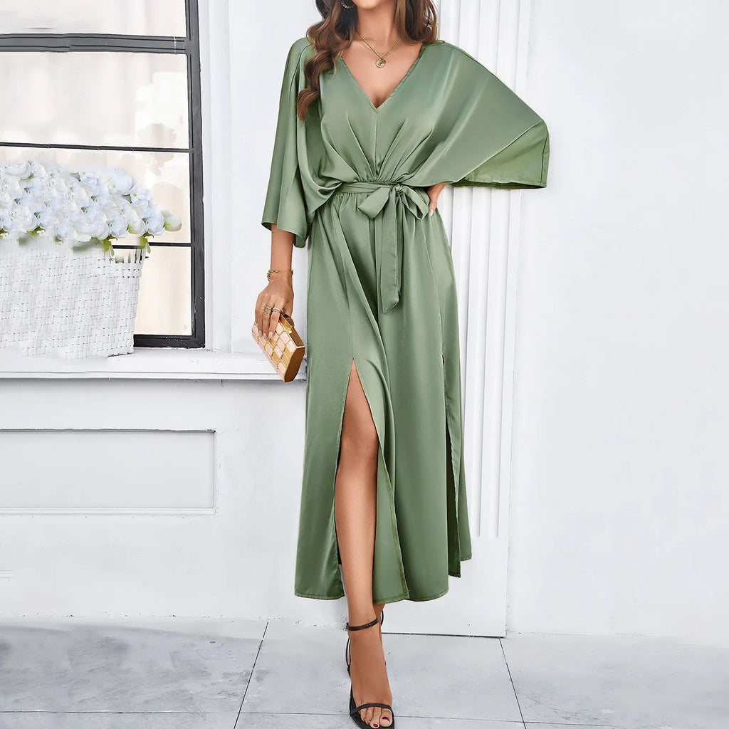 Women's Deep V-Neck Maxi Dress – Tie Waist Side Slit Occasion Dress