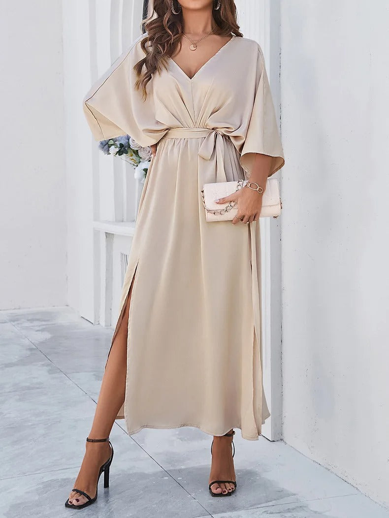 Women's Deep V-Neck Maxi Dress – Tie Waist Side Slit Occasion Dress