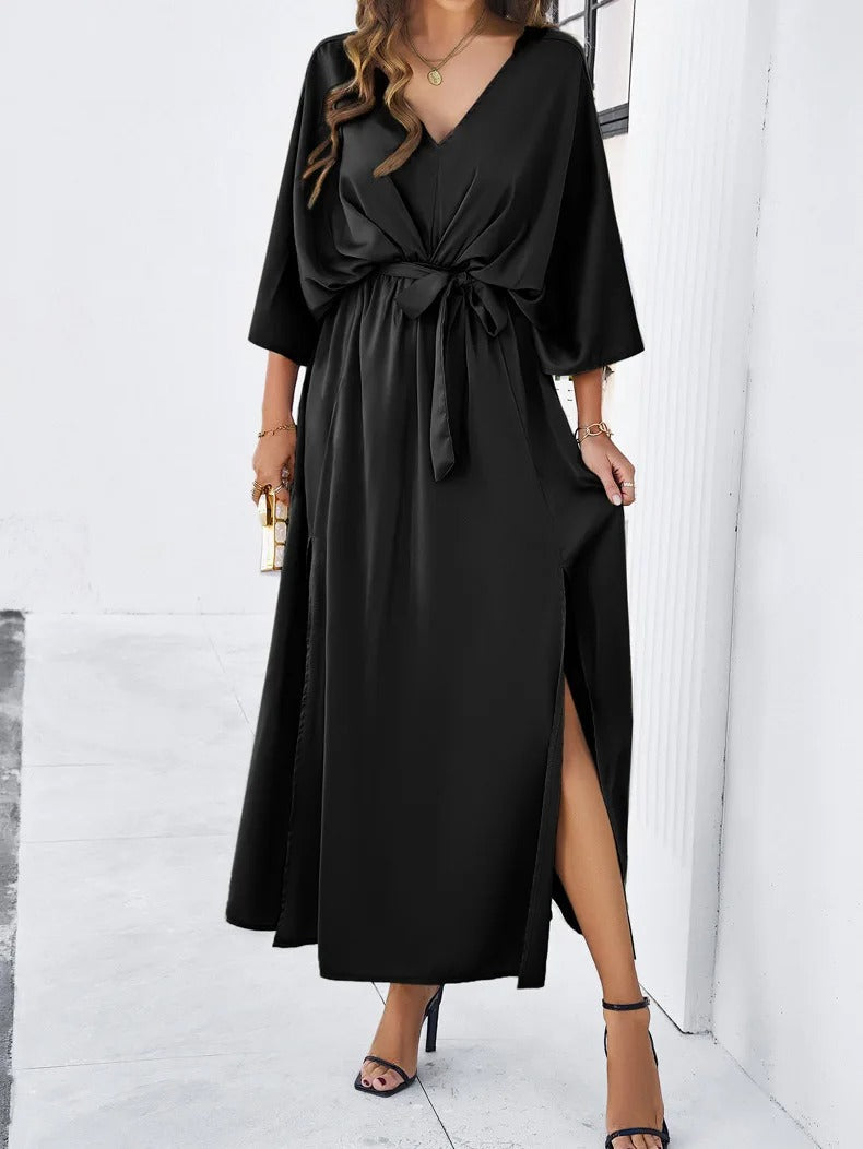 Women's Deep V-Neck Maxi Dress – Tie Waist Side Slit Occasion Dress