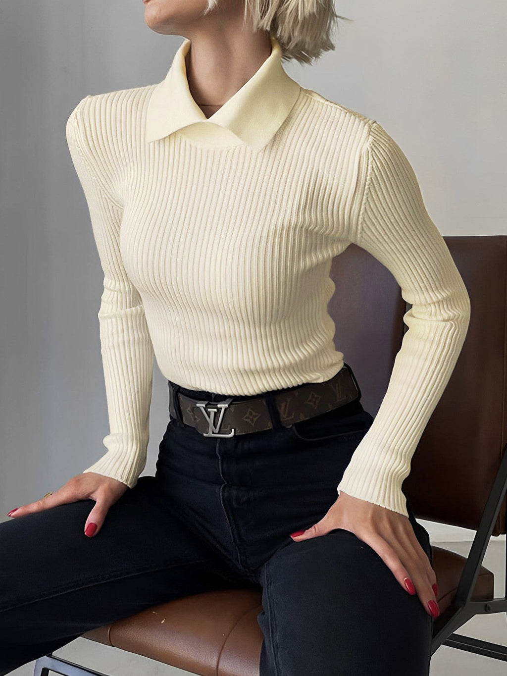 Women's Collared Polo Sweater – Ribbed Long Sleeve Knit Pullover Top