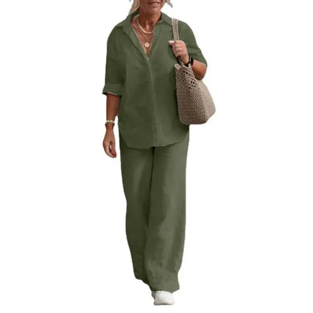 Women's Relaxed Blouse & Pants Set – Wide Leg Two-Piece Matching Set