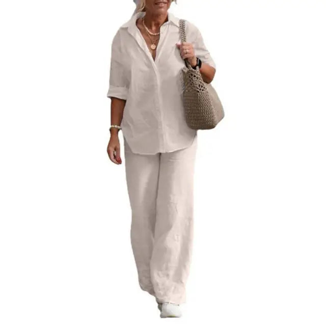 Women's Relaxed Blouse & Pants Set – Wide Leg Two-Piece Matching Set