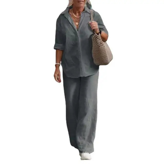 Women's Relaxed Blouse & Pants Set – Wide Leg Two-Piece Matching Set
