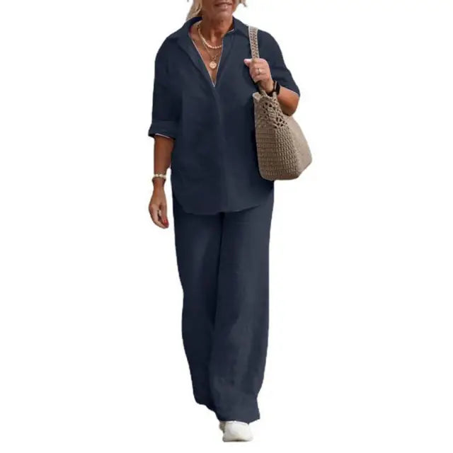Women's Relaxed Blouse & Pants Set – Wide Leg Two-Piece Matching Set