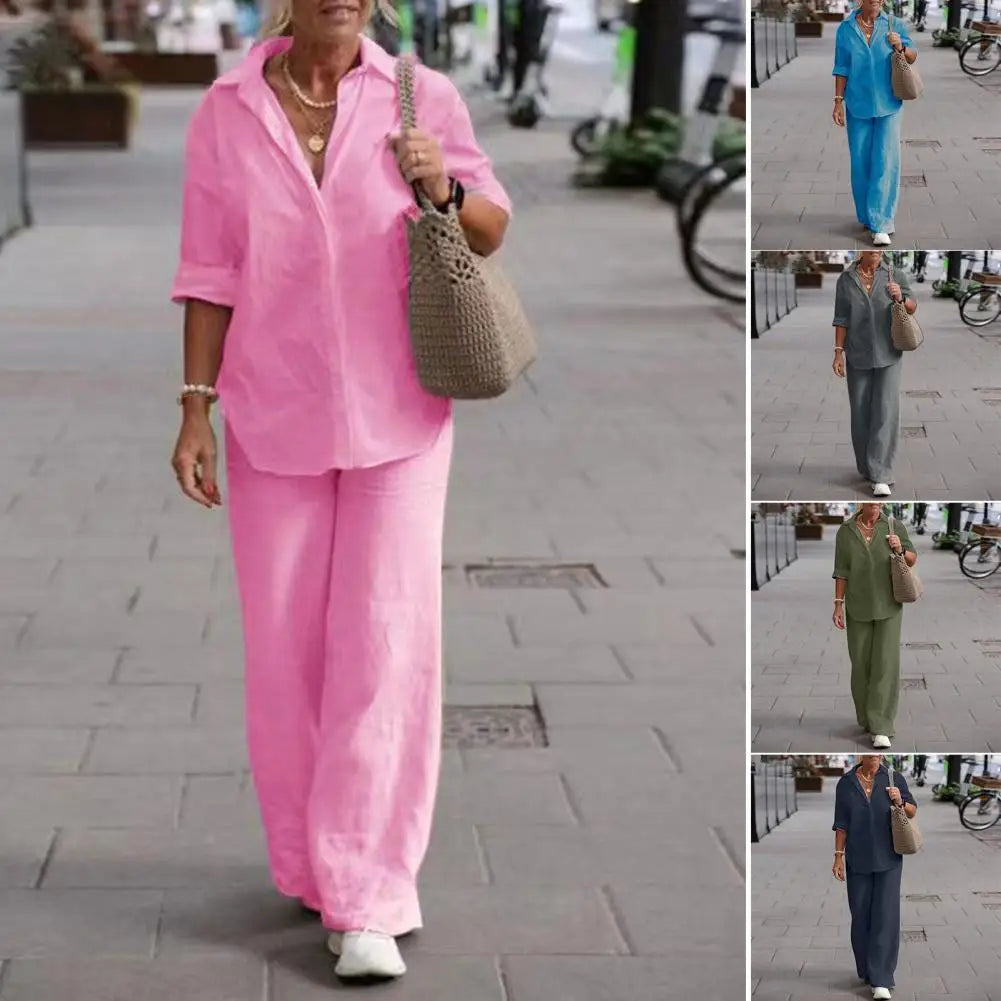 Women's Relaxed Blouse & Pants Set – Wide Leg Two-Piece Matching Set