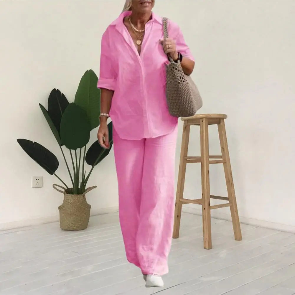 Women's Relaxed Blouse & Pants Set – Wide Leg Two-Piece Matching Set