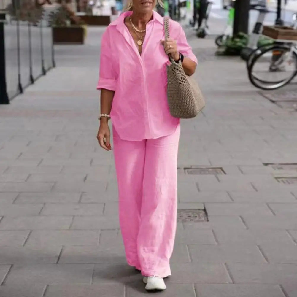 Women's Relaxed Blouse & Pants Set – Wide Leg Two-Piece Matching Set
