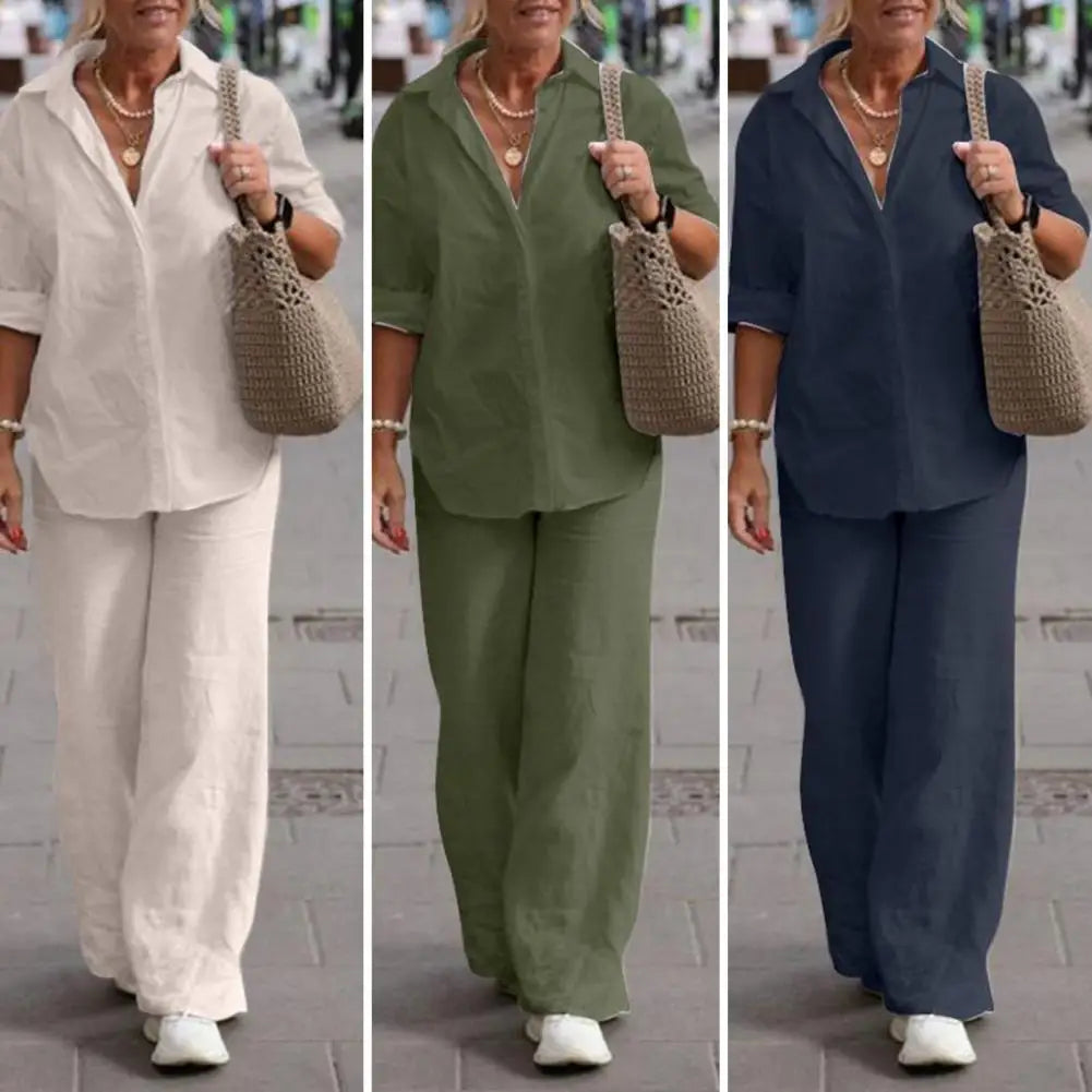 Women's Relaxed Blouse & Pants Set – Wide Leg Two-Piece Matching Set
