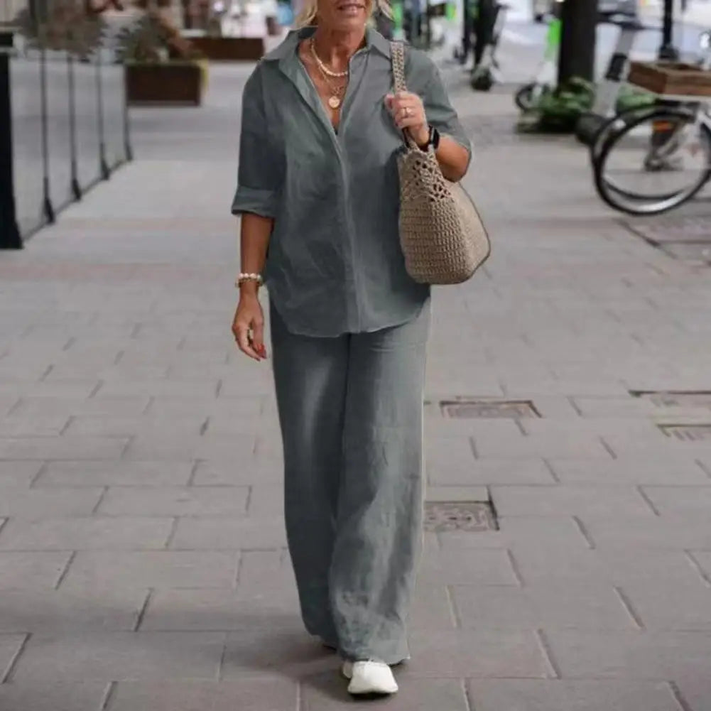 Women's Relaxed Blouse & Pants Set – Wide Leg Two-Piece Matching Set