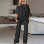 Women's Cold Shoulder Pants Set – Tailored Top & Wide Leg Two-Piece Set