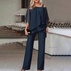 Women's Asymmetrical Cold Shoulder Set – Tailored Top & Matching Trousers