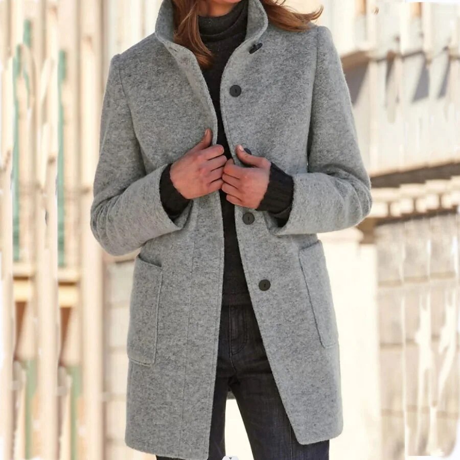 Women's Round Neck Winter Coat – Tailored Button Front Long Coat