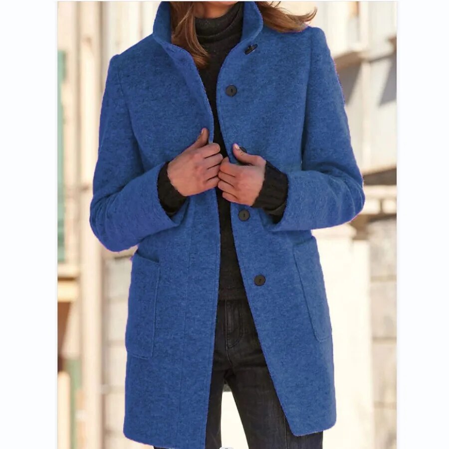 Women's Round Neck Winter Coat – Tailored Button Front Long Coat