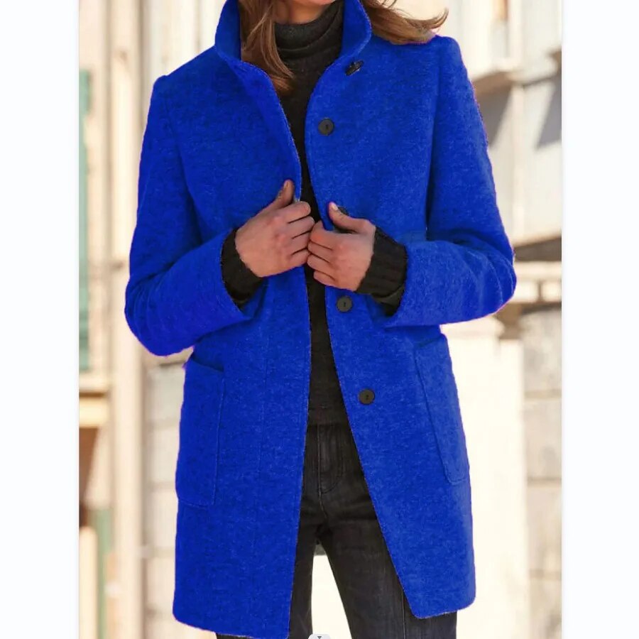 Women's Round Neck Winter Coat – Tailored Button Front Long Coat