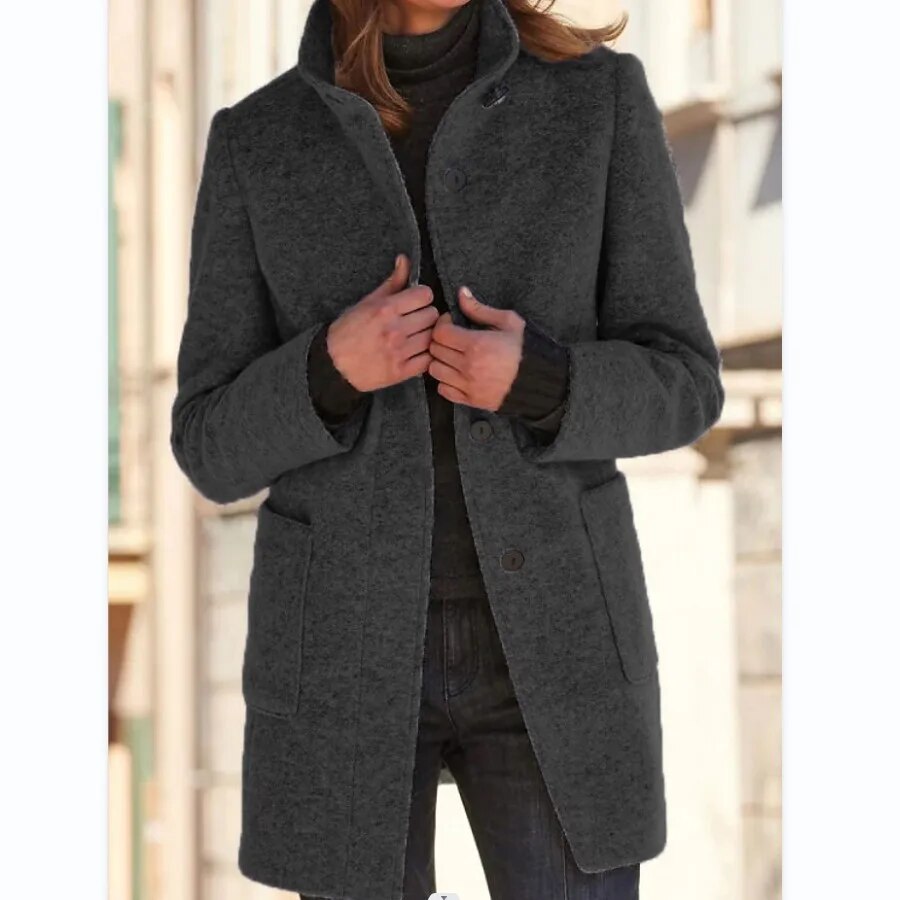 Women's Round Neck Winter Coat – Tailored Button Front Long Coat