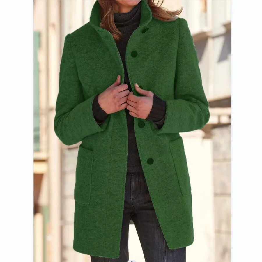 Women's Round Neck Winter Coat – Tailored Button Front Long Coat