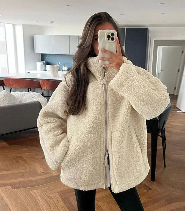 Women's Stand Collar Fleece Jacket – Oversized Zip-Up Winter Jacket