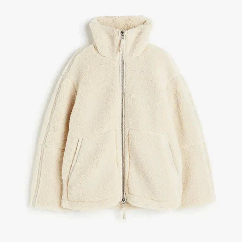 Women's Stand Collar Fleece Jacket – Oversized Zip-Up Winter Jacket