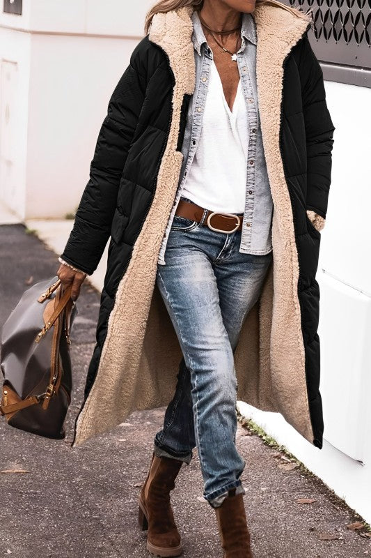 Women's Reversible Hooded Winter Coat – Teddy Lined Long Cold Weather Coat
