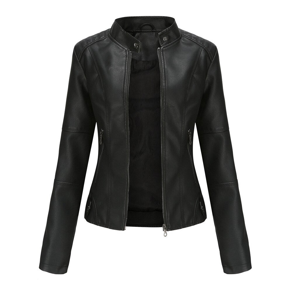 Women's Mao Collar Jacket – Faux Leather Zip-Up Jacket