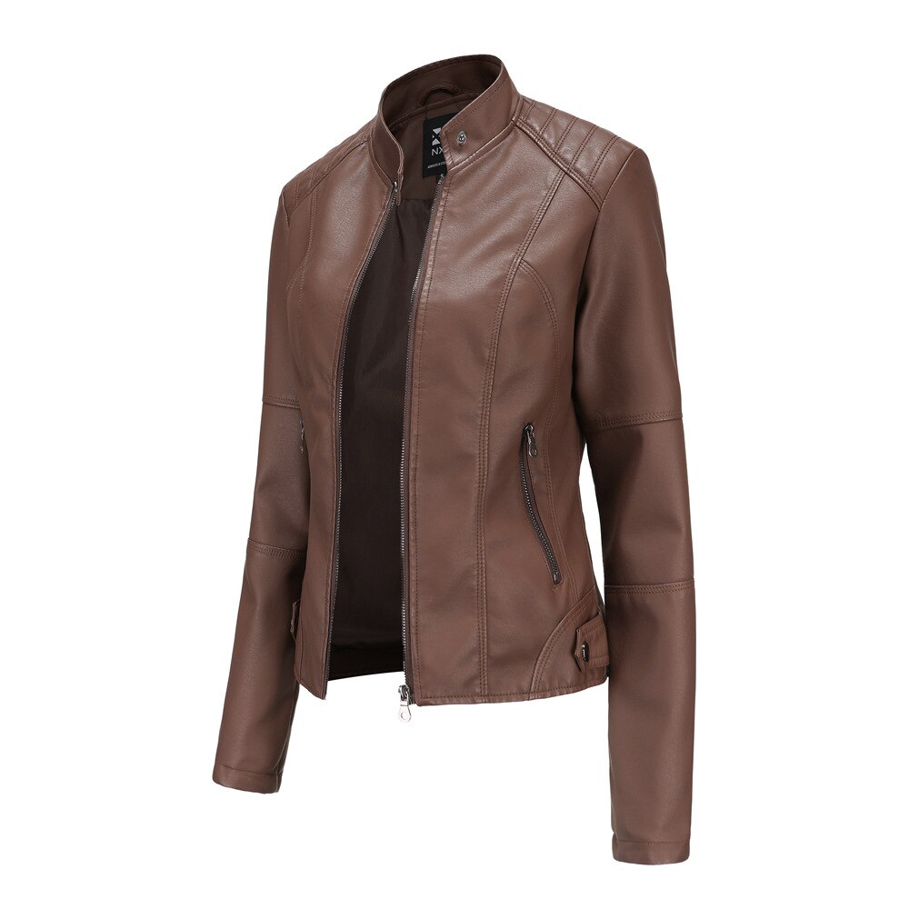 Women's Mao Collar Jacket – Faux Leather Zip-Up Jacket