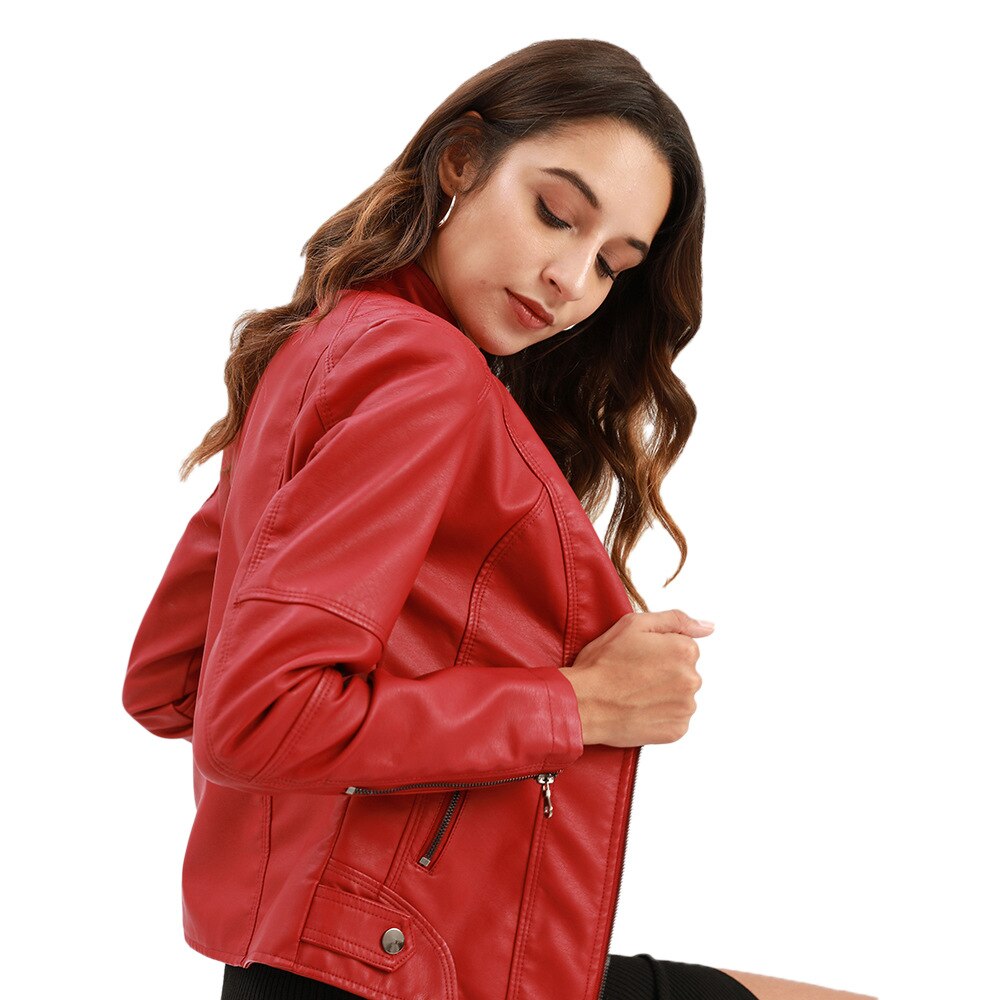 Women's Mao Collar Jacket – Faux Leather Zip-Up Jacket