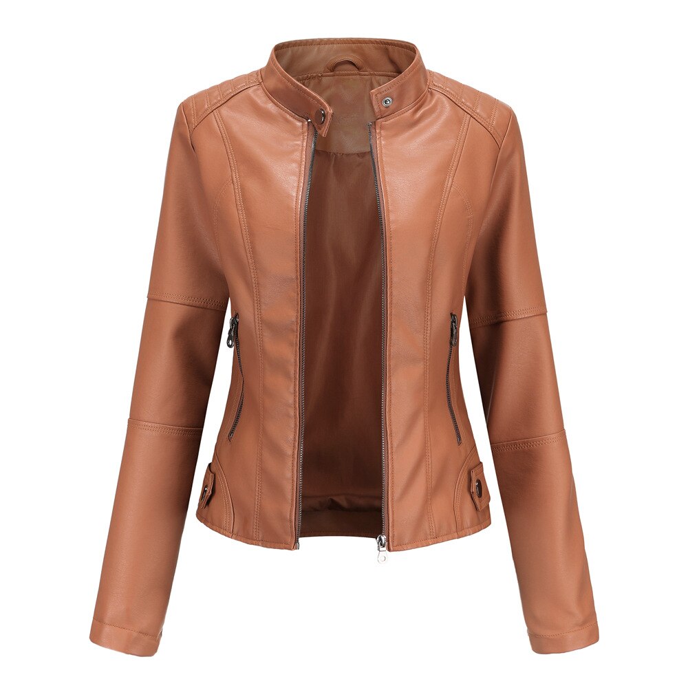 Women's Mao Collar Jacket – Faux Leather Zip-Up Jacket