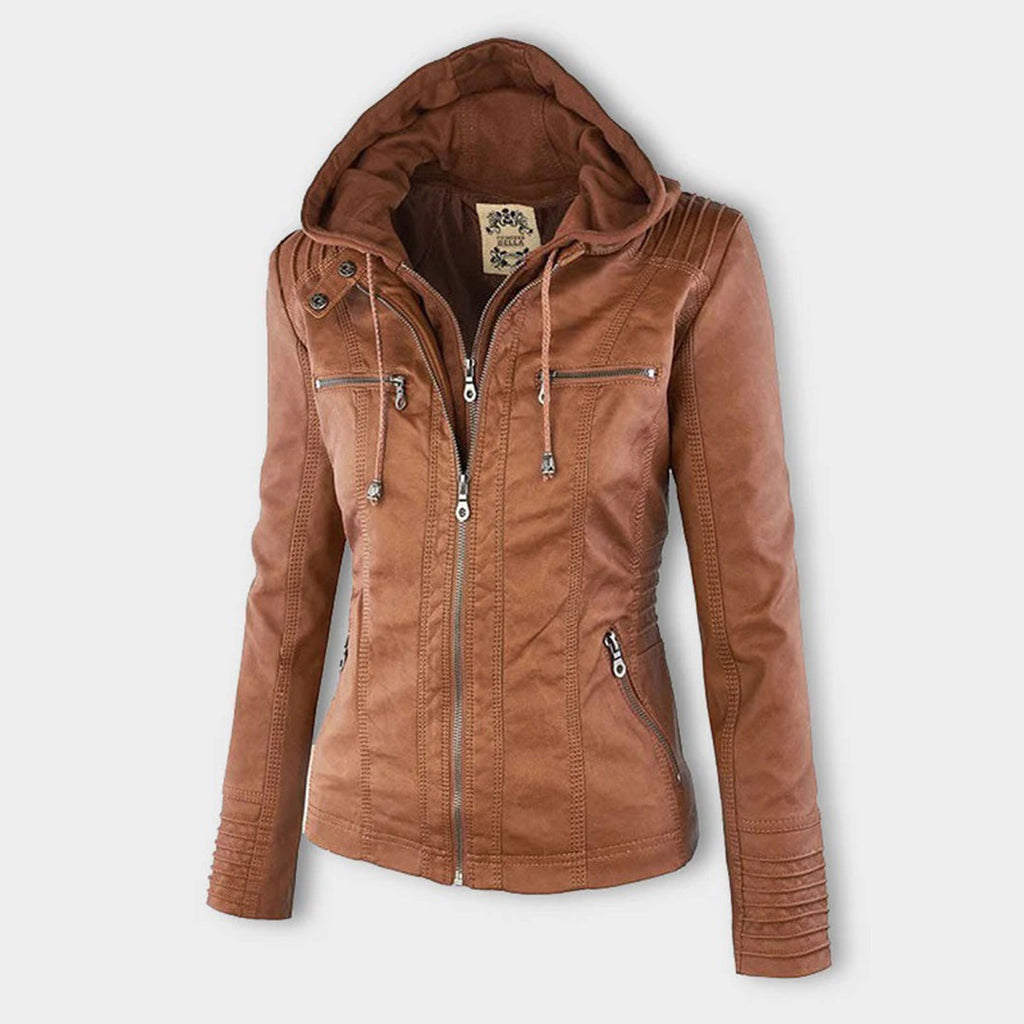 Women's Hooded Faux Leather Jacket – Ribbed Zip-Up Moto Jacket